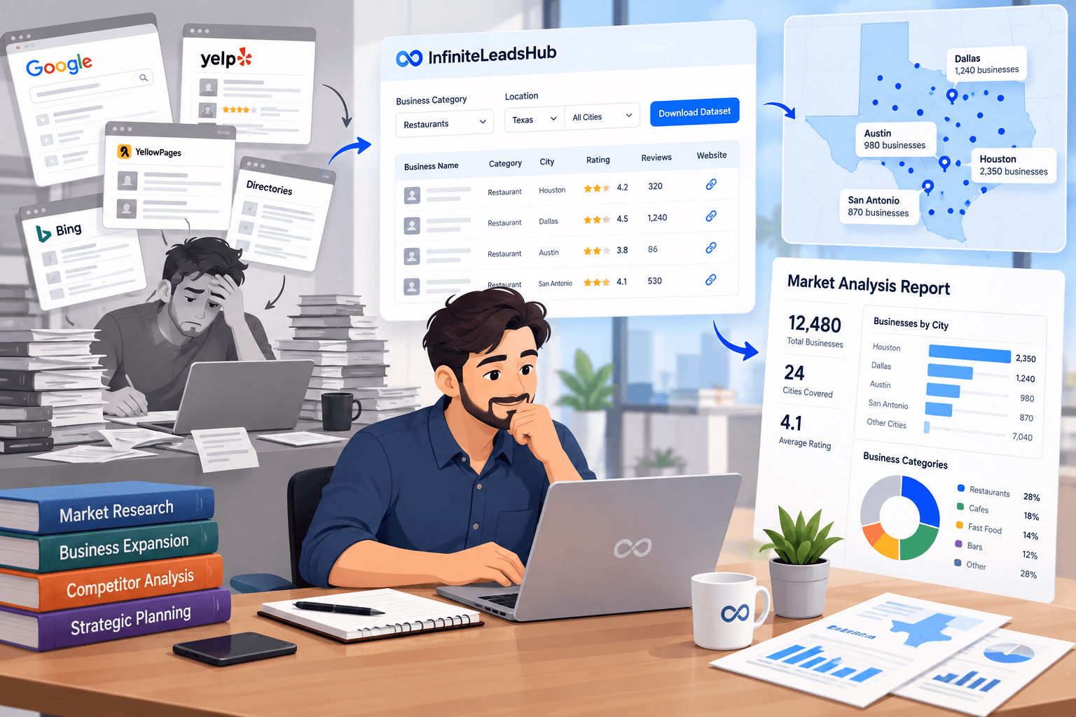 Daniel turning business data by city and category into a market analysis report