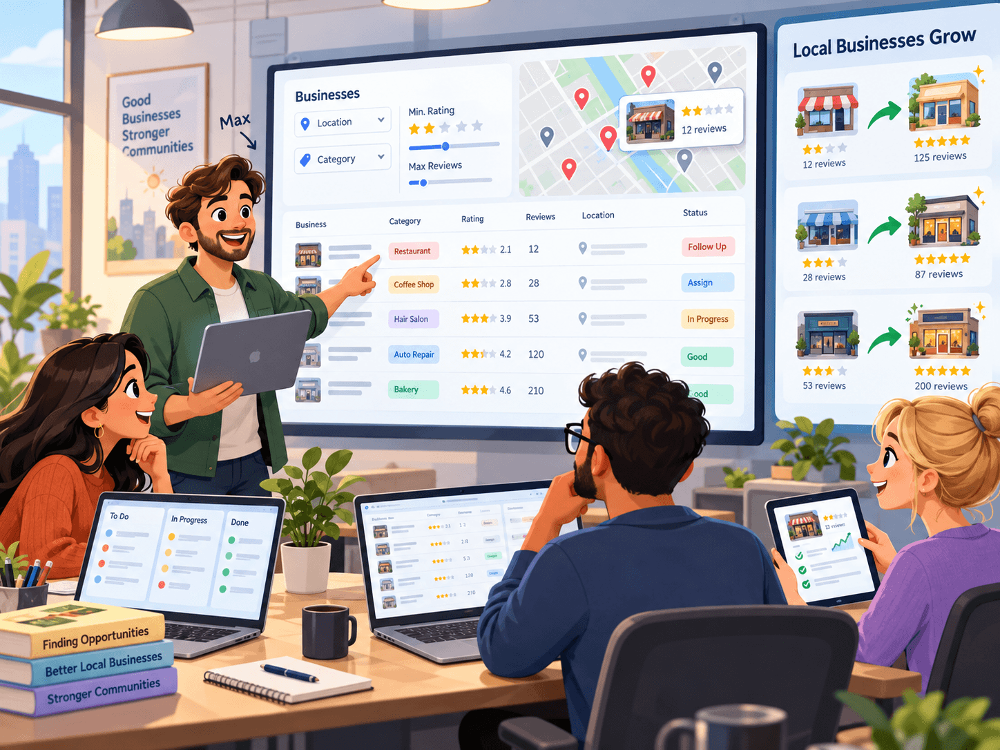 Max showing his team a list of local businesses filtered by rating and review count