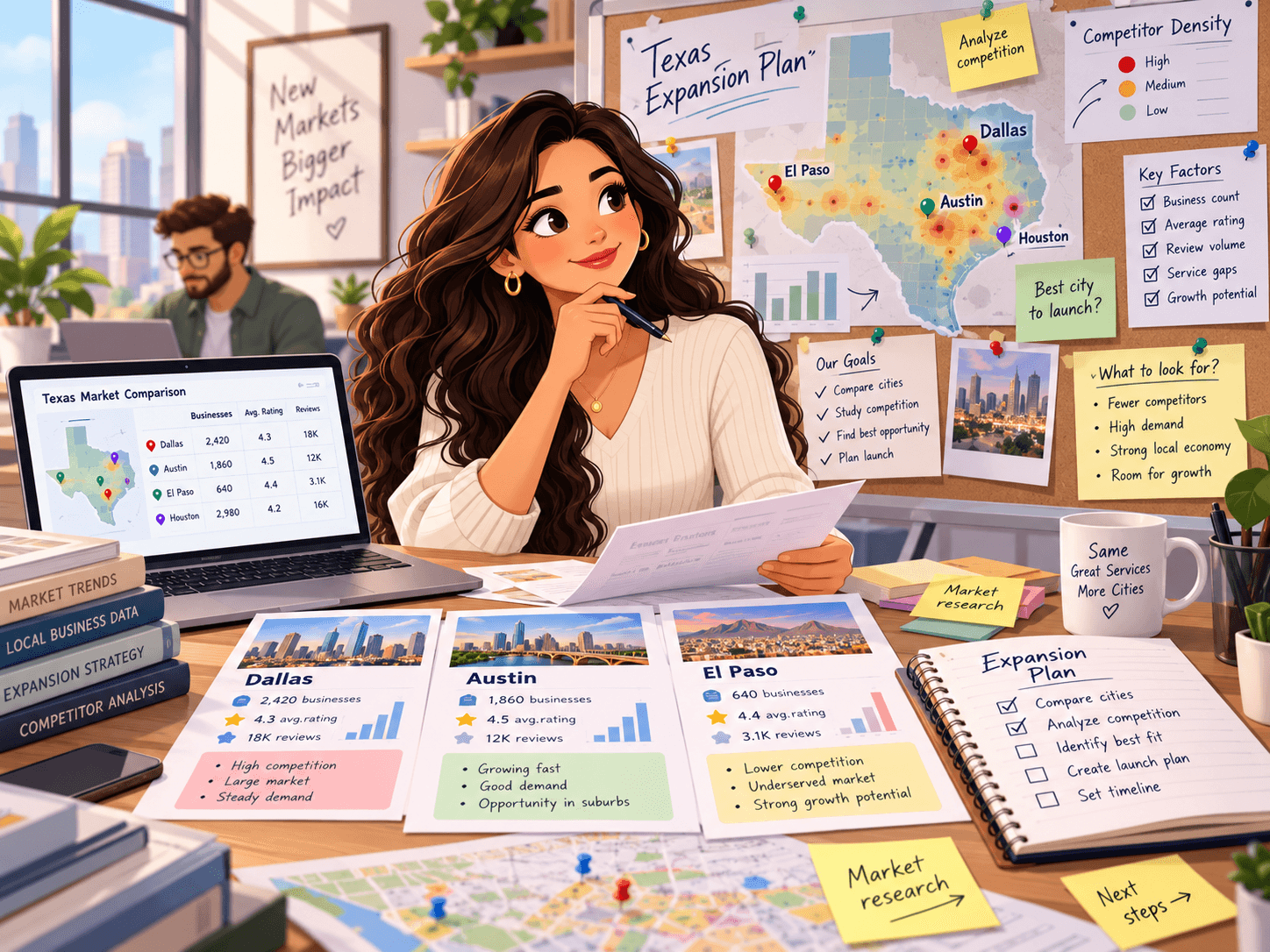 Olivia reviewing competitor businesses across cities before launching in a new state
